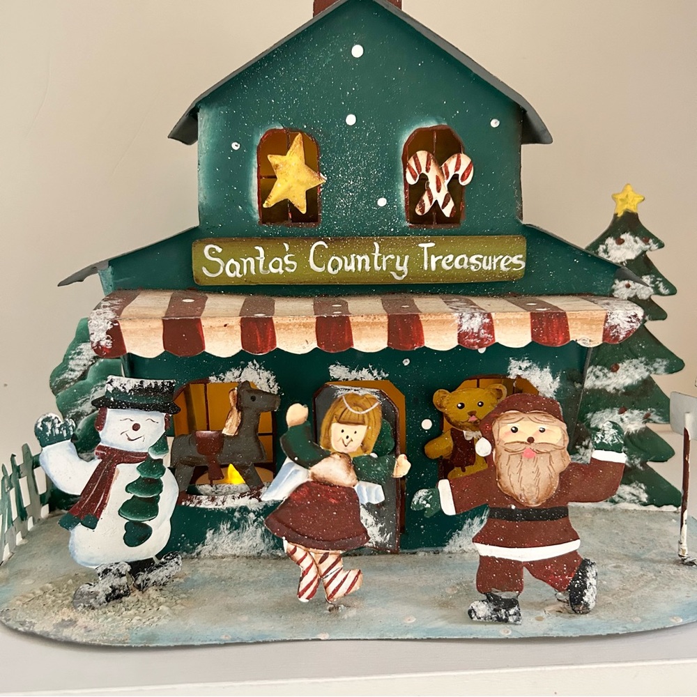 Primitive Santa’s Country Treasures Metal Christmas Holiday Scene Candle Holder